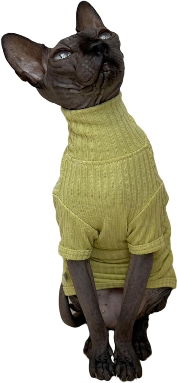 Sphynx Cats Shirt Cat Turtleneck Cotton Sweater Pullover Kitten T-Shirts with Sleeves Cat Pajamas Jumpsuit for Sphynx Cornish Rex, Devon Rex, Peterbald (XX-Large (Pack of 1), Green Yellow)