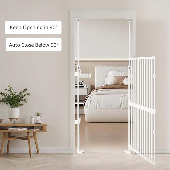 unipaws 57" H Cat Gate for Stairs, Fit for 21"-34" Wide Narrow Sapce, Auto Closing and No Drilling Cat Safety Gate, Cat Dog Proof, Indoor Use, White