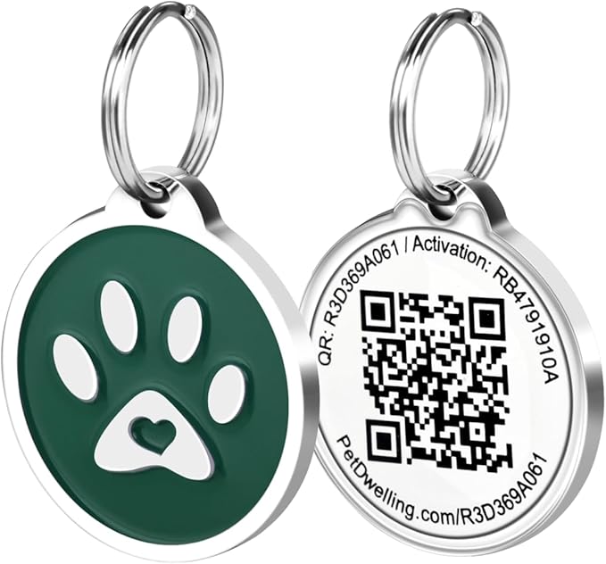 Pet Dwelling QR Pet Tag – Easy Scan Instant Location Alerts, Online Pet Profile with AI Feature for Dogs & Cats (Green Paw)