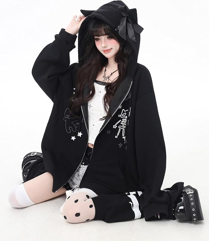 Womens Y2K Zip Up Cute Graphic Hoodies Cat Ears Casual Cartoon Harajuku Kawaii Clothes Oversize Streetwear Jacket