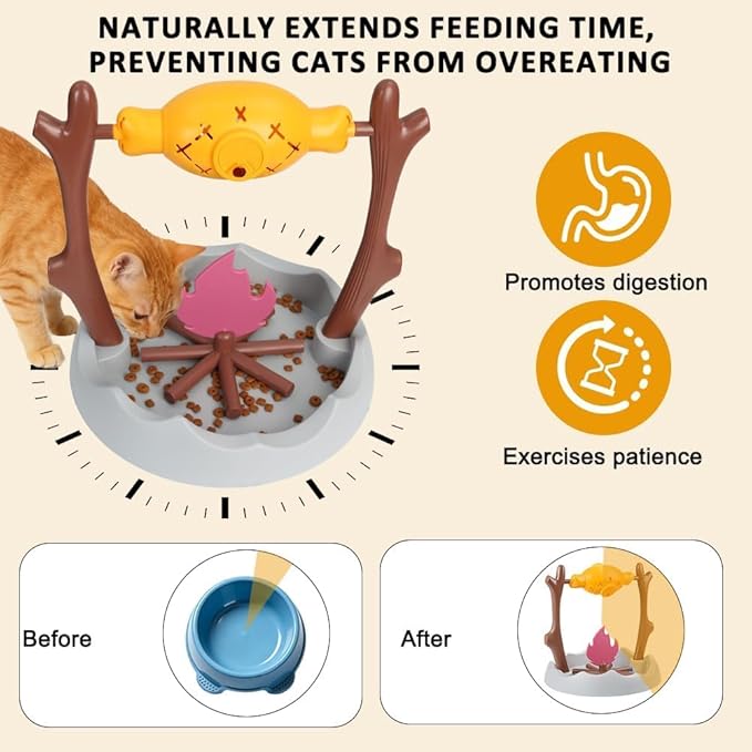 Cat BBQ Toy,11" High Cats Treat-Dispensing Slow Feeder,Pets Dry Food Dispenser,Cats Slow Feeding Snack Bowl, Grilled Fish Spinning Toy, Food Puzzle Cat Toy