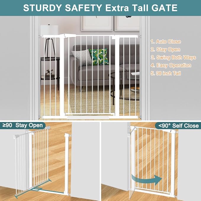 Fairy Baby 38" Extra Tall Baby Gate, 48.9"-54.3" Extra Wide Large Pet Gate, Metal Auto Close Child Gate Indoor, Pressure Mounted Dog Gate Safety Barrier Fence for Stairs Doorways No Climb, White