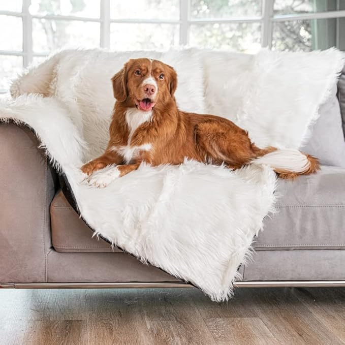 PupProtector Waterproof Throw Blanket for Dogs and Cats, Pet Blanket Cover for Couches, Sofas, Beds, Car Seats, Furniture, Calming Soft Faux Fur, Polar White, Large (80" L x 62" W)