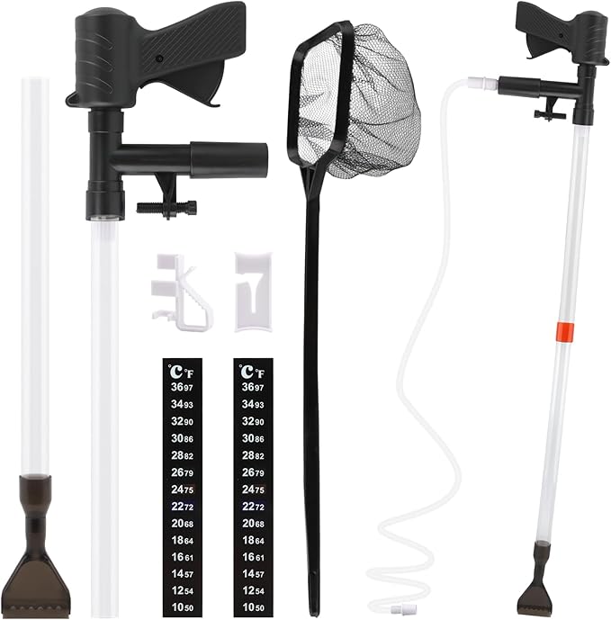 Aquarium Gravel Cleaner, Fish Tank Cleaner Kit, Aquarium Manual Press Noiseless Water Changer, Including Net,Thermometers & Cleaning Accessories for Fish Tank Maintenance