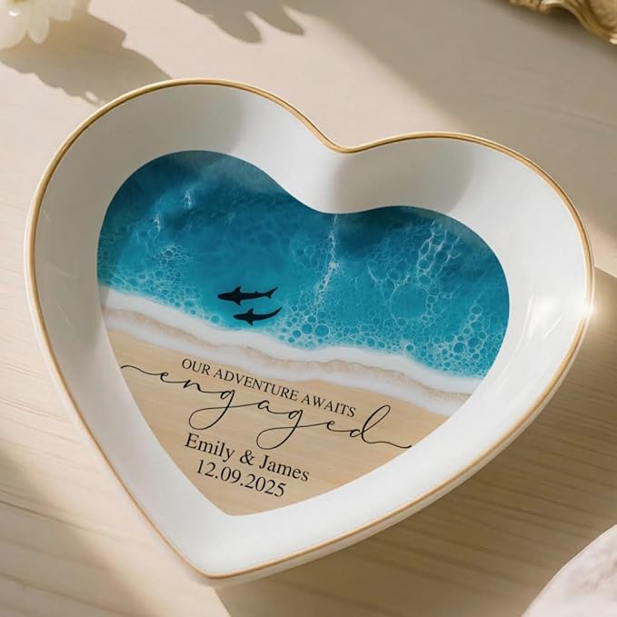 Personalized Beach Ring Dish Engagement Gift, Our Adventure Awaits Engaged Trinker Holder, Jewelry Tray Gifts for Newly Engaged Couple, Anniversary Wedding Gift for Her Bride