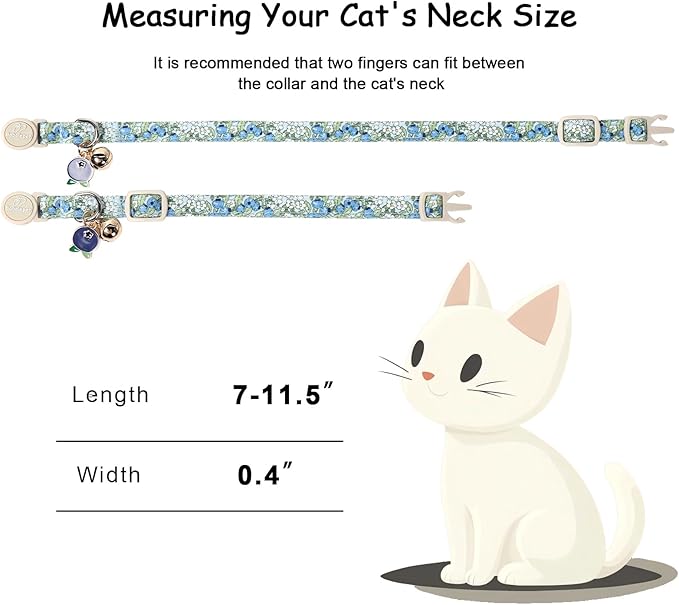 2 Pack Spring Summer Cat Collars - Cute Breakaway Cat Collar with Bell, Bluberry and Strawberry Pendant, Adjustable Kitten Collars for Girl Cats, Pastel Floral Fruit