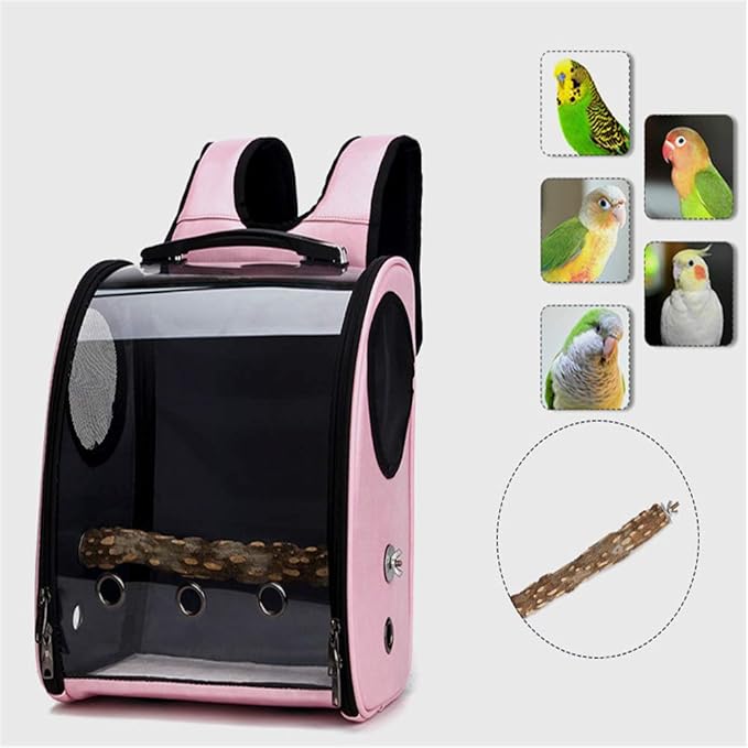 Bird Carrier Clear Parrot Outing Backpack APET Transparent Acrylic Bird Travel Carrier Parrot Travel Cage Panoramic Pet Backpack for Puppy Kitten 33x38x17cm (Pink)
