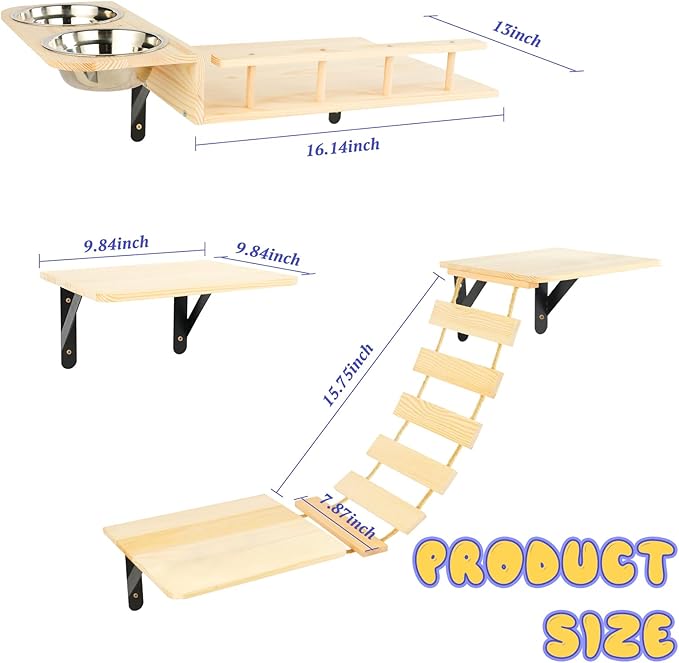 Cat Wall Shelves - Stable & Safe 5 in 1 Cat Walls Furniture Set, Wooden Kitten Climbing Wall with Bridge Ladder & Wall Steps