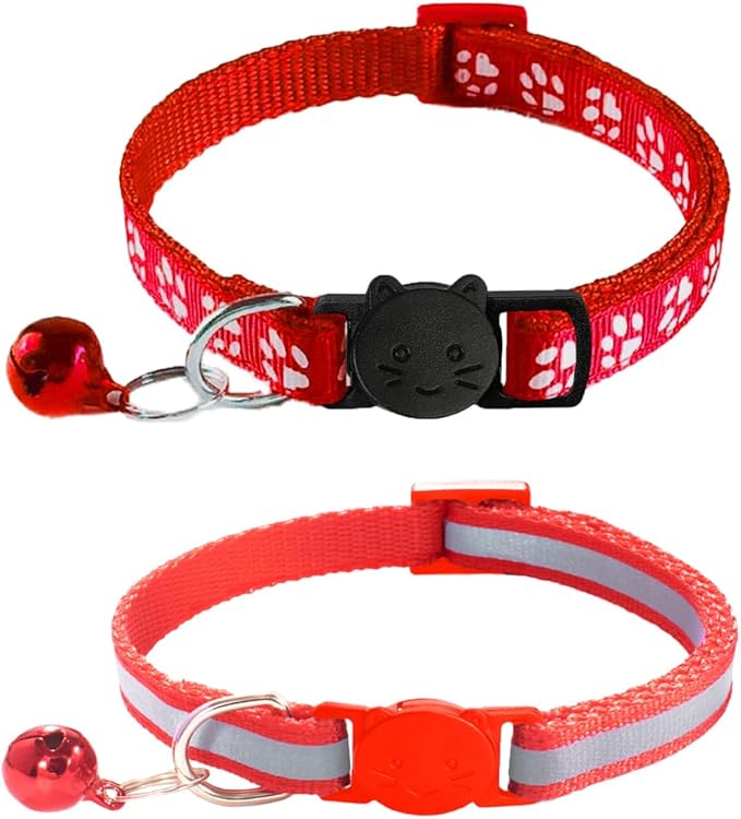 2 Pack Breakaway Cat Collars with Bells, Reflective Design and Claw Print Design, Safety Buckle Kitten Collars Adjustable from 7.5 to 12.5 Inches (Red)