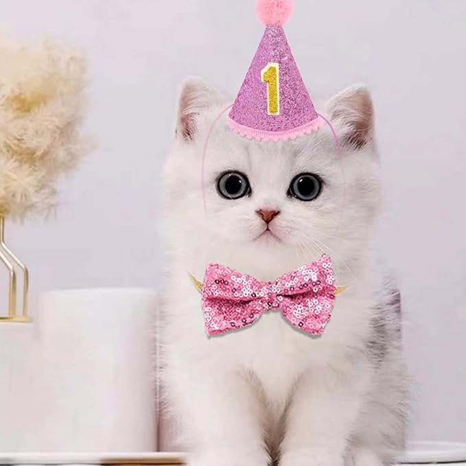 PET SHOW 4Pcs Pink Dog Birthday Hat with 11 (0-9) Numbers Happy Birthday Bandana Dogs Bowties Tutu Dress Set for Small Dogs Cats Puppy Party Wedding Supplies