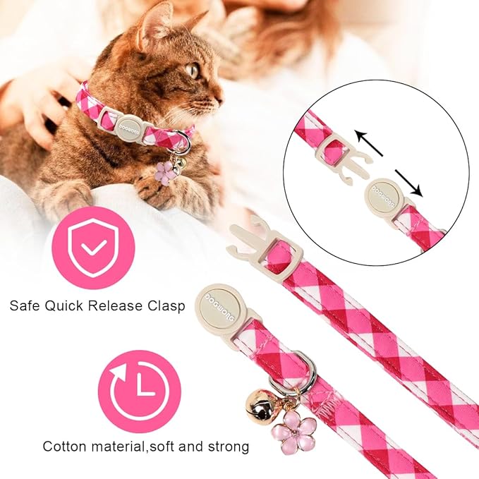 Cat Collar,2 Pack Cute Cat Collars Breakaway with Bell- Safety Buckle Pink Plaid Cat Collar for Girl Cats and Small Dogs，Adjustable 7-12 Inch,Pet Supplies Accessories