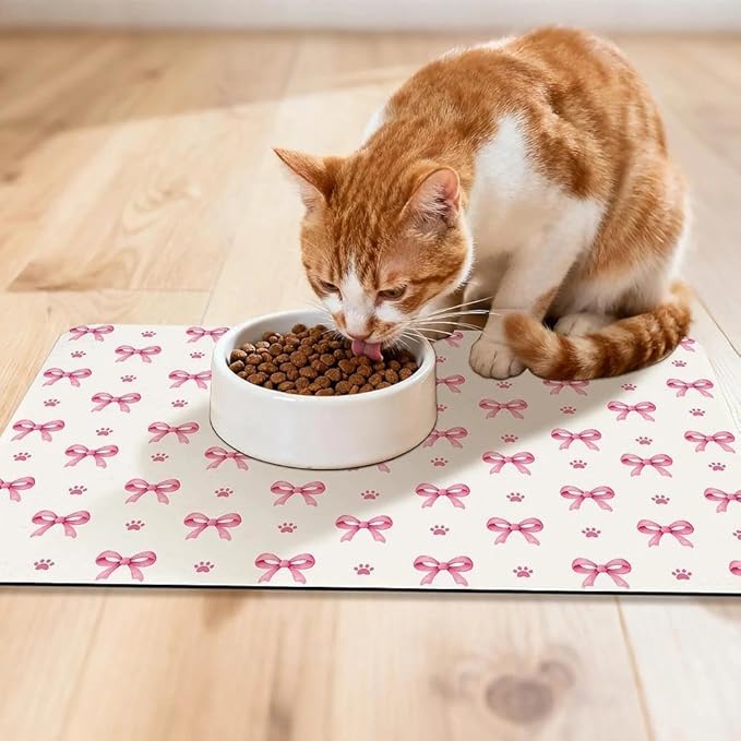 Pink Bow Dog Food Mat for Pet Cat Food Mat, Paws Absorbent Quick Dry Dog Bowl Mats for Food and Water, Non-Slip Cat Pet Feeding Mats for Floor Placemats 12"x20"