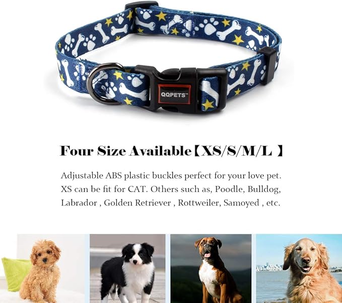 QQPETS Adjustable Soft Dog Collar: Print Flower Pink Multicolor Cute Patterns for XS Small Medium Large Pet Girl Boy Puppy Walking Running Training (M, Bone)
