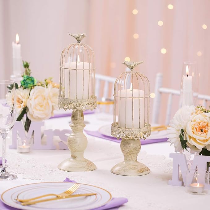 Birdcage Candle Holder Decorative Bird Cages for Weddings Vintage Candlestick Holders Wedding Candle Centerpieces for Tables Iron Candleholder Set Home Decor Distressed Ivory