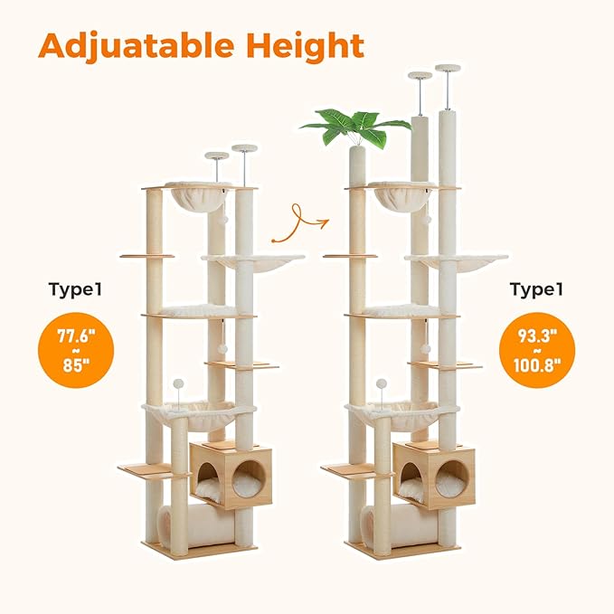PETEPELA Floor to Ceiling Cat Tree,93.3''-100.8'' Height Adjustable Wooden Cat Tower, Tall Modern Climbing Tree with Large Hammock, Soft Perch and Scratching Post for Indoor Cats Large Adult, Beige