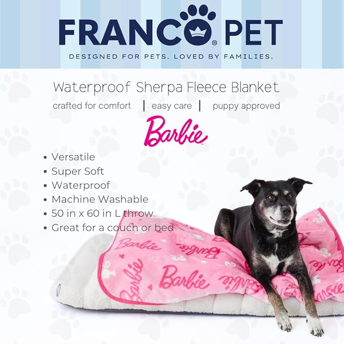 Franco Pet Barbie Super Soft Cozy Waterproof Sherpa-Backed Blanket Throw for Large Dogs, Couch/Bed/Car, 50x60 (Officially Licensed Product)