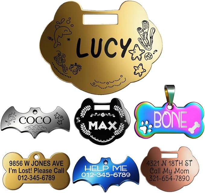 Stainless Steel Personalized Pet ID Tags, Art Design for Dog Tags, Cat Tags, Customized and Engraved on Both Sides of ID Tag, Lock Amulet Shape in Black, Silver, Blue, Gold, Rose Gold Color