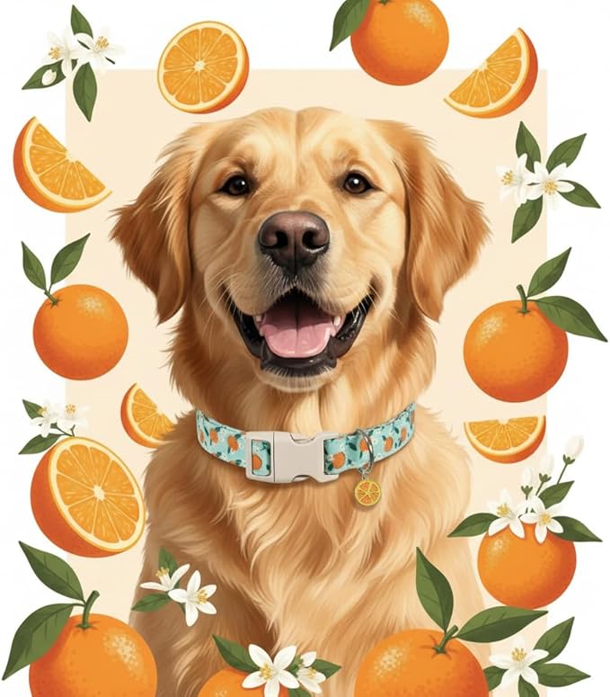 Dog Collar, Spring Summer Dog Collar with Orange Print and Charm, Cute Spring Summer Fruit Collar with Soft & Breathable Fabric, Adjustable Pet Collar for Small Dogs