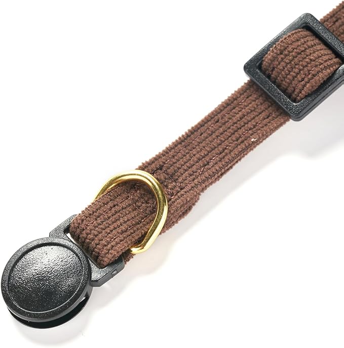 Soft Corduroy Cat Collar, Plaid Pattern, with Bell and Bowtie, Quick Release,Safety Breakaway Clasp, Adjustable for Kitten and Cats.(Black+Brown)