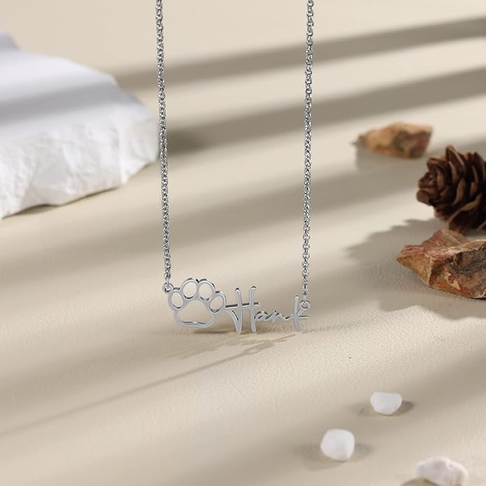 Personalized Cute Dog Cat Paw Name Necklace Forever Love Custom Heart Pendant Pet Name Necklace Gift for Pet Lovers