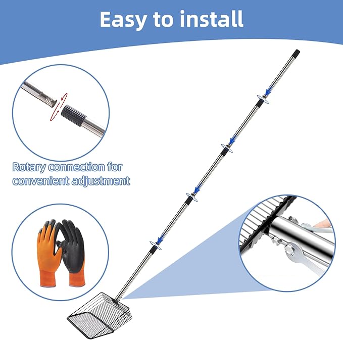 Extra-long & Lightweight 10-inch Chicken Poop Scooper - Adjustable Handle (35” to 74”) with Comfort Grip - Stainless Steel Litter Sifting Shovel for Coop & Pet Waste Cleaning - Bonus Gloves Included