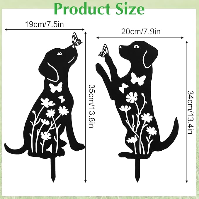 Metal Dog Garden Decor for Outside 2 Pack, 17" Puppy Decorative Garden Stakes, Black Dog Silhouette Outdoor Decor, Pet Yard Art, Weather Resistant Steel Yard Decor