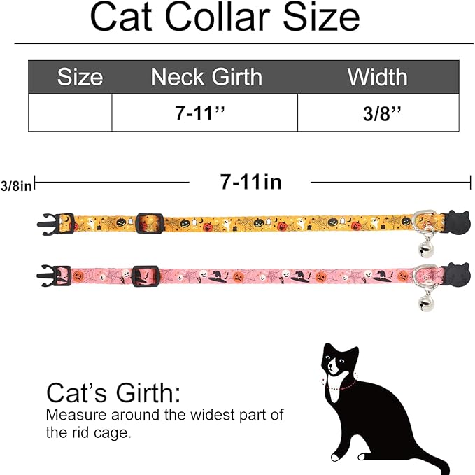 Halloween Cat Collar, 2 Pack, Breakaway Cute Cat Collar with Bells, Halloween Pink