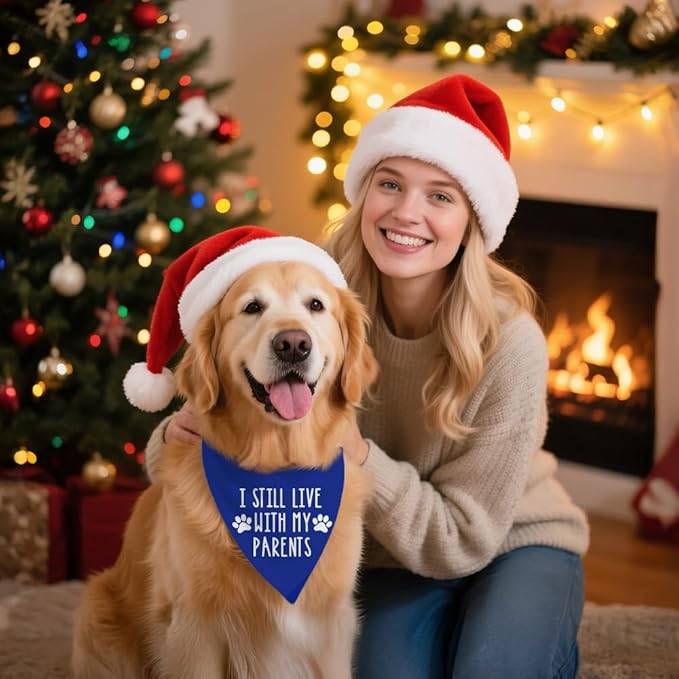 I Still Live with My Parents Blue Dog Bandana, Humor Gifts for Puppy Lover, Christmas Birthday Father's Day for Dog Mom Dad, Funny Pup Scarf Photo Prop for Holiday