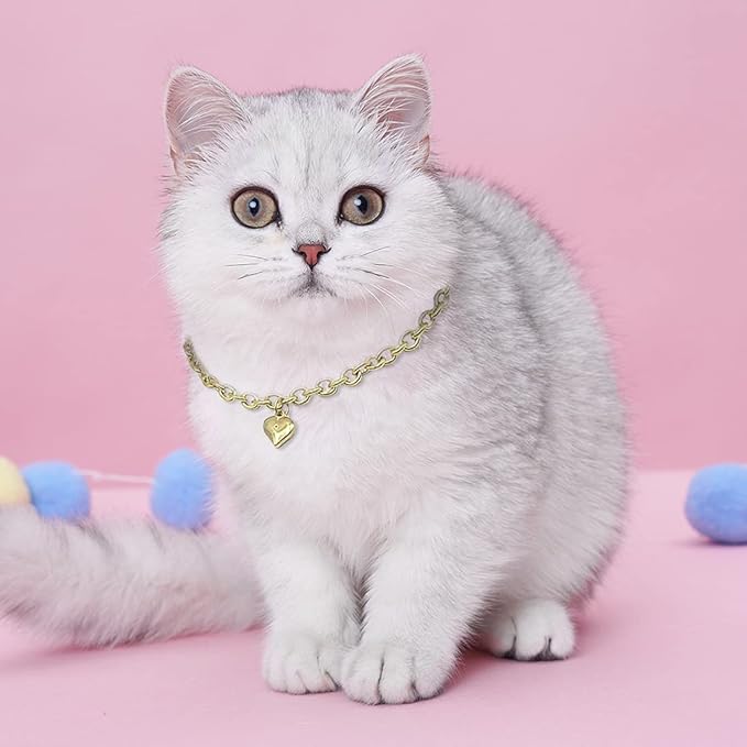 HOWWFALY Dog Collar and Cat Chain Necklace Stainless Steel Adjustable 18K Gold Heart-Shaped Necklace for Small Pets Cats Kitten Puppy (Gold, 7 inch)
