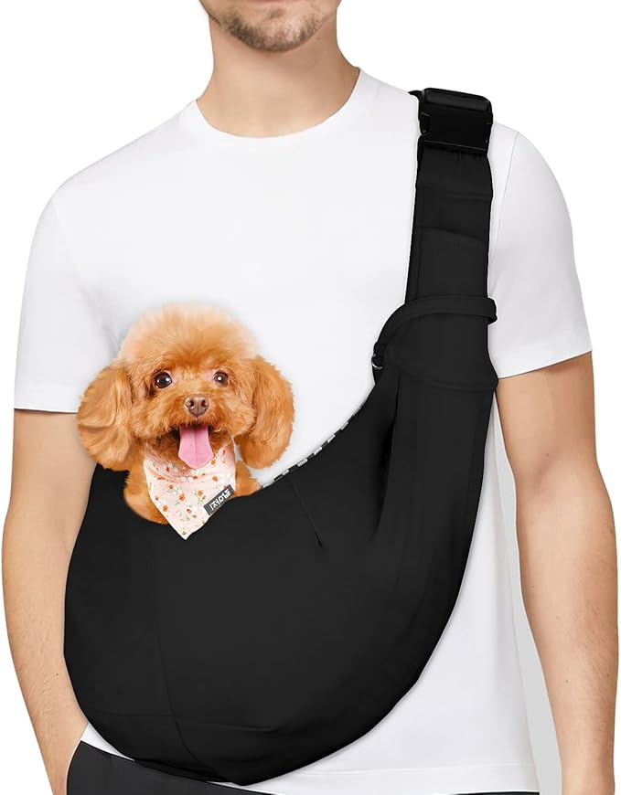 PETLOFT Reversible Dog Cat Sling Carrier, Small Dog Carrier, Adjustable Dog Sling, Hands Free Cross Body Carrier with Collar Hook for Dog/Cat/Bunny up to 11lb, Black