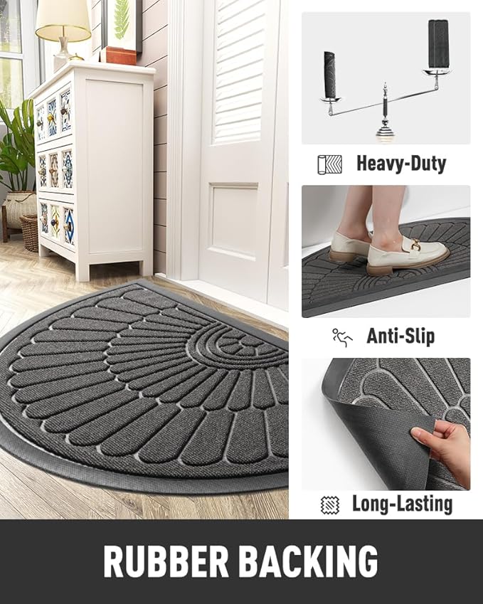 tchdio Door Mat Outdoor Indoor Entrance Doormat-Semicircular Durable Rubber Non Slip Front Door Mat for Outside Inside Entry Entryway Dirt Trapper WelcomeMat for Muddy Paws and Shoes-Grey 17”x30”