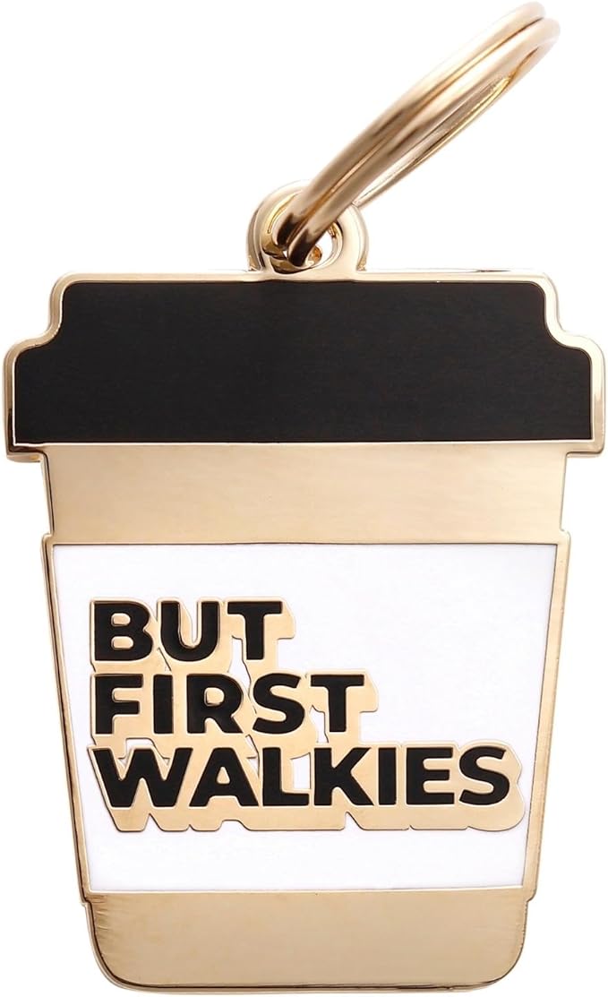 Two Tails Pet Company Personalized 'But First Walkies' Pet ID Tag & Collar Charm - Custom Engraved Dog Tags for Pets - Luxury Brass, Gold Plating