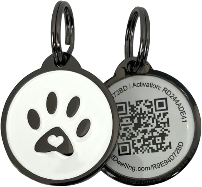 Pet Dwelling QR Pet Tag – Easy Scan Instant Location Alerts, Online Pet Profile with AI Feature for Dogs & Cats (Lux White Paw)