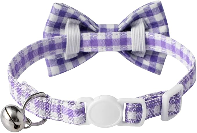 AIITLE Breakaway Cat Collar with Cute Bow Tie and Bell, Detachable Adjustable Safety Collars for Girl Cats and Boy Cats, Kittens, Puppy, Soft Stylish Plaid Patterns Cat Collars,Purple