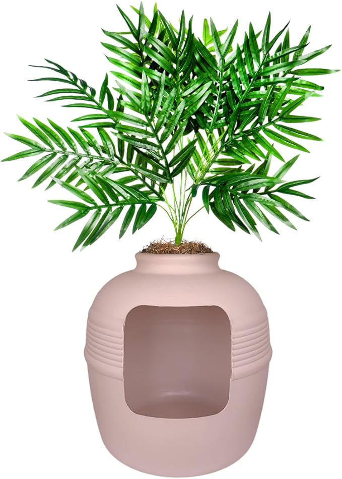 Good Pet Stuff Hidden Litter Box Planter, Decorative Cat Litter Enclosure with Carbon Filter, Artificial Plant, Easy Clean, Indoor Design, Original Round Style, Base Kit, Pink Coral
