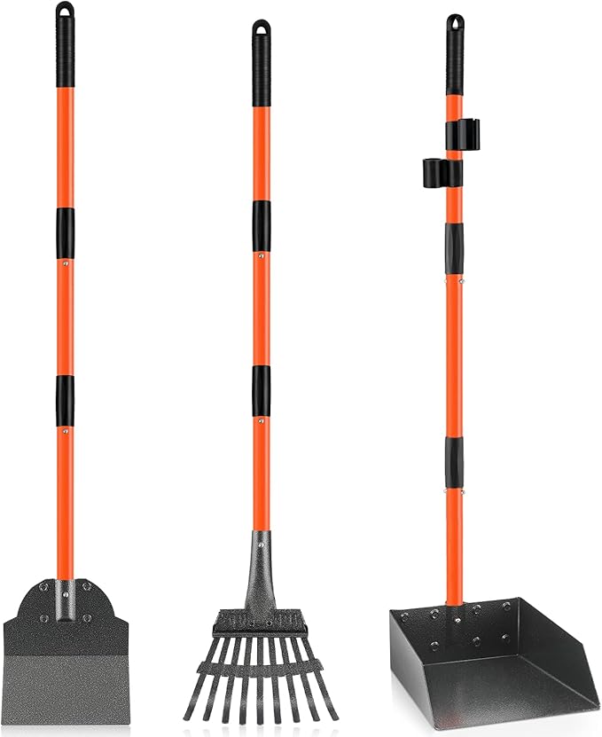 Pooper Scooper, Detachable Long Handle Dog Pooper Scoopers with Heavy Duty Metal Rake, Tray & Spade, Durable Pooper Scooper for Large Medium Small Dogs, Great for Lawn, Grass, Dirt, Gravel, Yard