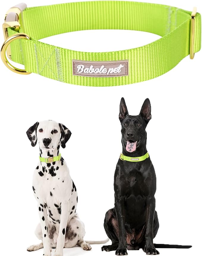 Nylon Dog Collar - Adjustable Fluorescent Green Soft Webbing Dog Collars for Small Medium Large Dogs Boy Girl Puppy Collar with Safety Metal Buckle L