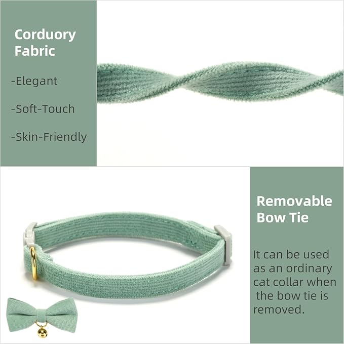 Soft Corduroy Cat Collar with Bell and Bowtie, Safety Breakaway Clasp, Adjustable for Kitten and Cats Grass Green Color.