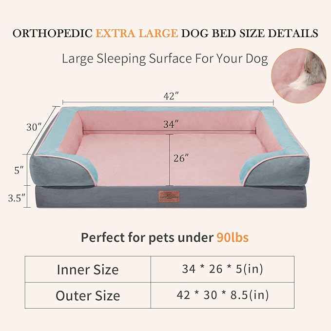 Comfort Expression Orthopedic Dog Bed for Extra Large Dogs 42x30 Inch, Waterproof Egg Crate Foam XL Pet Bed with Removable Bolsters, Dog Couch with Washable Cover & Non-Slip Bottom, Cherry Blossom