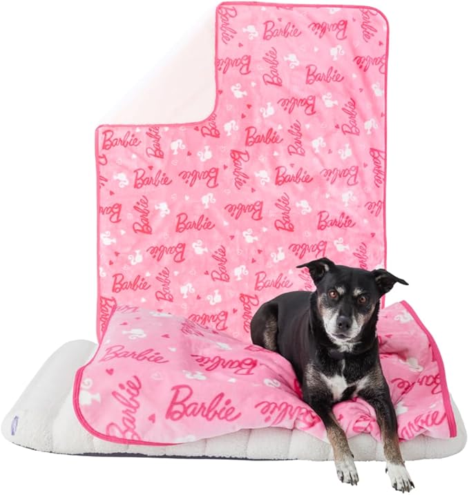 Franco Pet Barbie Super Soft Cozy Waterproof Sherpa-Backed Blanket Throw for Large Dogs, Couch/Bed/Car, 50x60 (Officially Licensed Product)