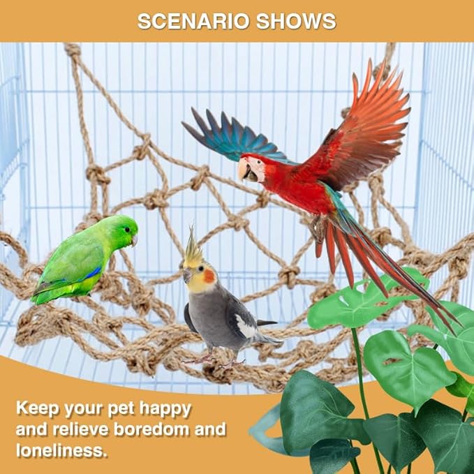 2 Packs Natural Bird Rope Net Parrot Swing Hammock for Birds Parrot Ladder Macaw Hanging Hammock Activity Toy for Rats Parakeet Cockatiel Cockatoo Conure African Grey Budgie（M 14x11inch）
