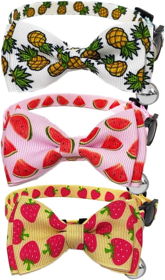 Fruit Cat Collar with Bow Tie and Bell 3 Pack Watermelon Strawberry and Pineapple Breakaway Bowtie Kitten Collars for Boys Girls Cats