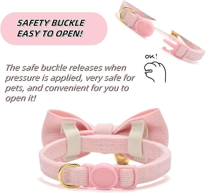 Soft Corduroy Cat Collar with Bell and Bowtie, Safety Breakaway Clasp, Adjustable for Kitten and Cats Pink Color.