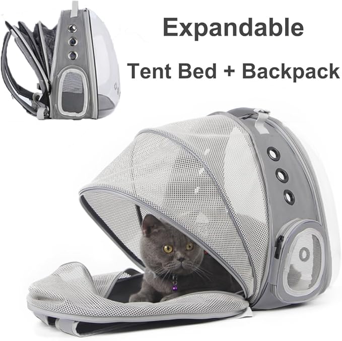 Back Expandable Cat Backpack Carrier, Fit up to 12 lbs, Space Capsule Bubble Window Pet Carrier Backpack for Kitten Bunny Rabbie and Small Puppy Grey