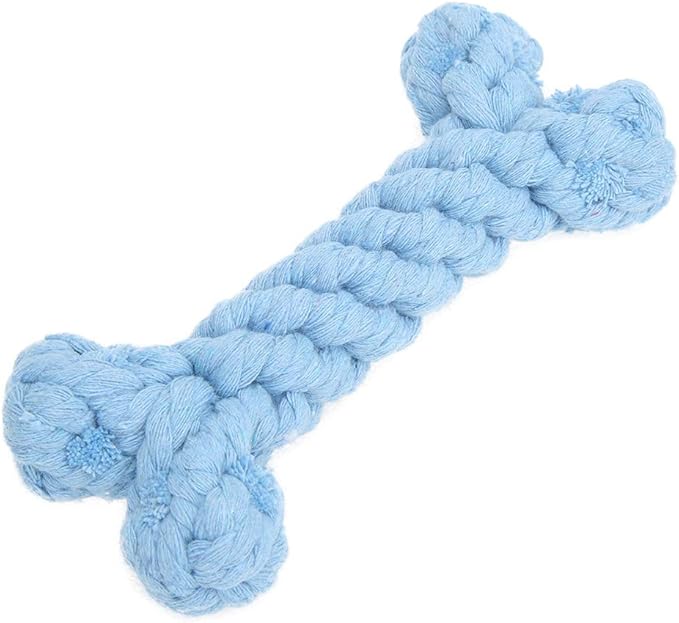 Pet Cotton Rope Biting Chewing Molar Toy, Cartoon Animal Shape & Pure Manual Weaving, Dog Rope Toys with Strong and Hard, Grind and Clean Teeth, Relieve Pressure (Blue Bones)