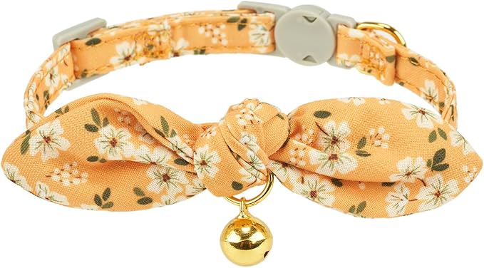 Bowtie Cat Collar with Bell, 2 Pack Cotton Breakaway Kitten Collars with Removeable Bow Girl Cat Collars, Floral Yellow & Beige