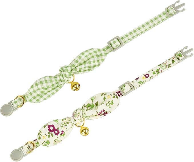 Bowtie Cat Collar with Bell, 2 Pack Cotton Breakaway Kitten Collars with Removeable Bow Stylish Cat Collars, Floral Green & Plaid