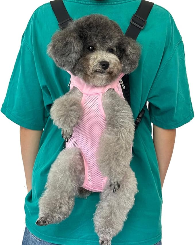 Pet Dog Carrier Backpack, Portable Breathable Mesh Chest Carrier, Polyester Woven Double Shoulder Pet Bag for Outdoor Adventures (Pink, Large)