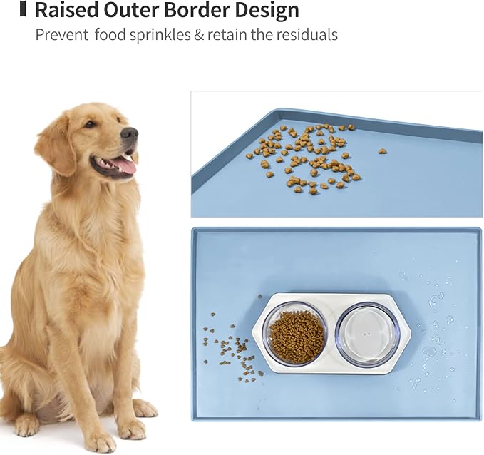 Dog Food Mat,Silicone Waterproof Food Tray,Non Slip Pet Bowl Mats Placemat,0.6" Raised Edge,Suitable for Most Small and Medium Sized Pets,24" x 16"