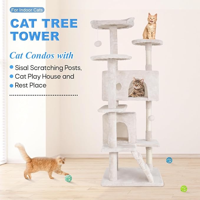 FDW | 54" Cat Tree Tower | Beige | Multi-Level Indoor Activity Center with Sisal Scratching Posts, Condos, Plush Perches, Hanging Cat Toys | Sturdy, Easy to Assemble | for Kittens & Adult Cats